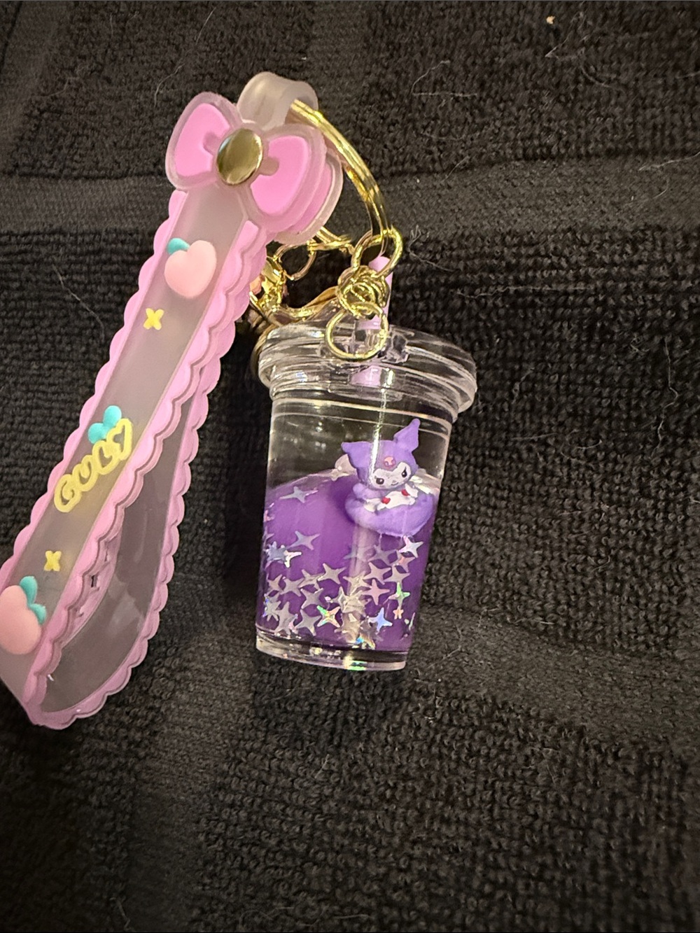 Sanrio Purple Kuromi Drink Cup Keychain with Pink Bow Strap